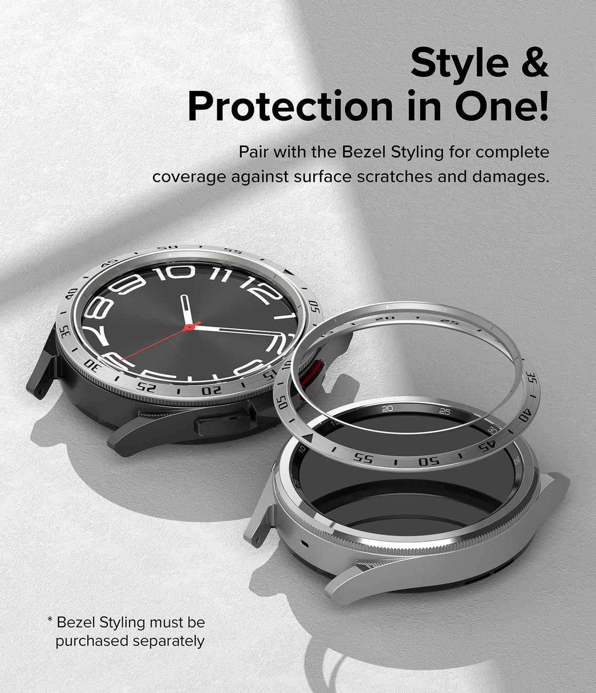 Galaxy Watch 6 Classic 47mm | Inner Bezel Styling - Silver metal bezel ring hovering above a Galaxy Watch 6 Classic.