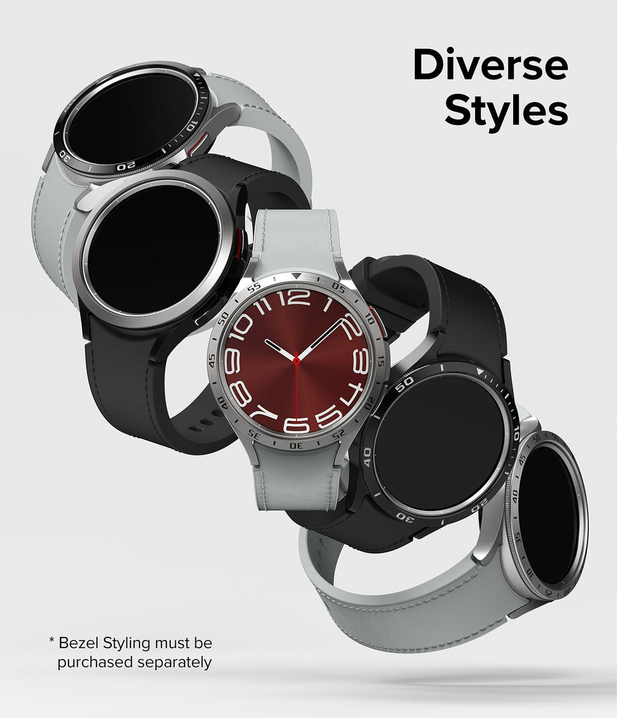 Galaxy Watch 6 Classic 47mm | Inner Bezel Styling - Five Galaxy Watch 6 Classic models with various bezel and strap styles.