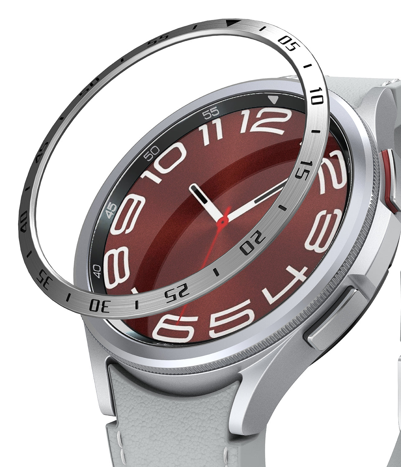 Galaxy Watch 6 Classic 43mm | Bezel Styling - Galaxy Watch 6 Classic 43mm - A silver metal bezel ring hovering above a smartwatch with a red face and white numbers.