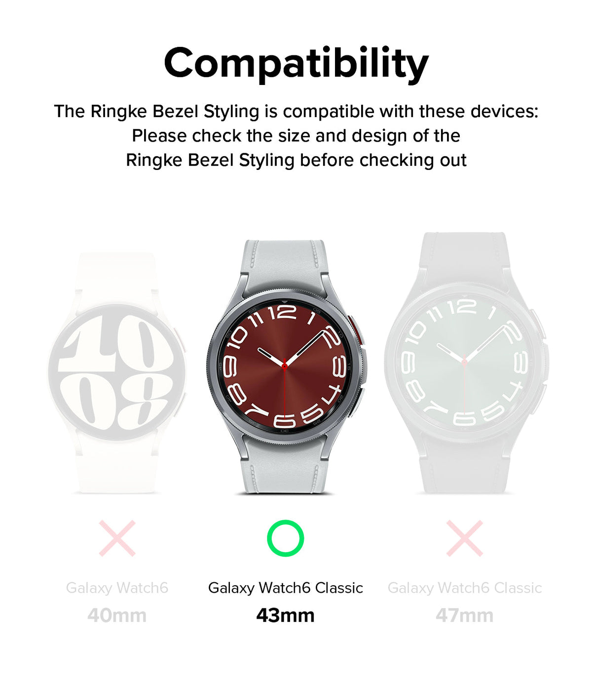 Galaxy Watch 6 Classic 43mm | Bezel Styling - Compatibility chart showing the 43mm model as the correct fit for the bezel.