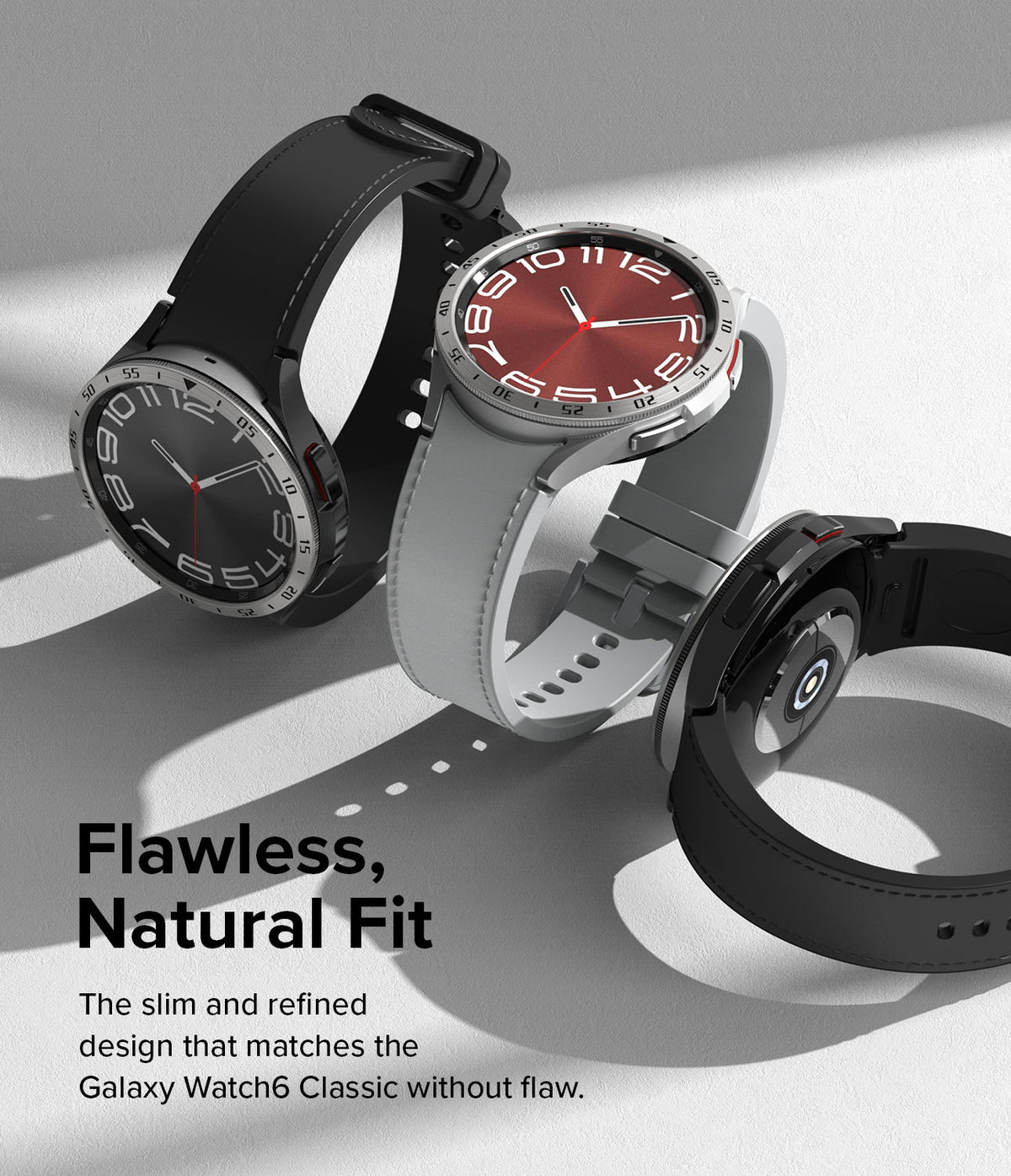 Galaxy Watch 6 Classic 43mm | Bezel Styling - Three Galaxy Watch 6 Classic models with different bands and watch faces.