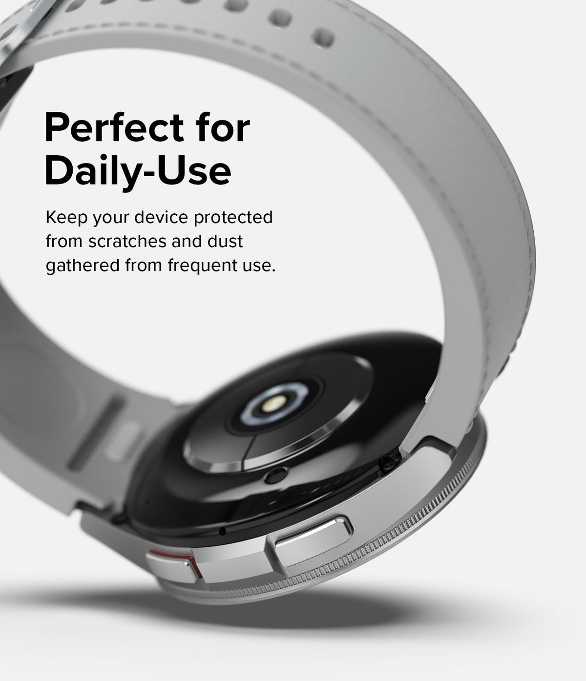 Galaxy Watch 6 Classic 43mm | Bezel Styling - Silver smartwatch with a light grey band, showing the back sensor and side buttons.