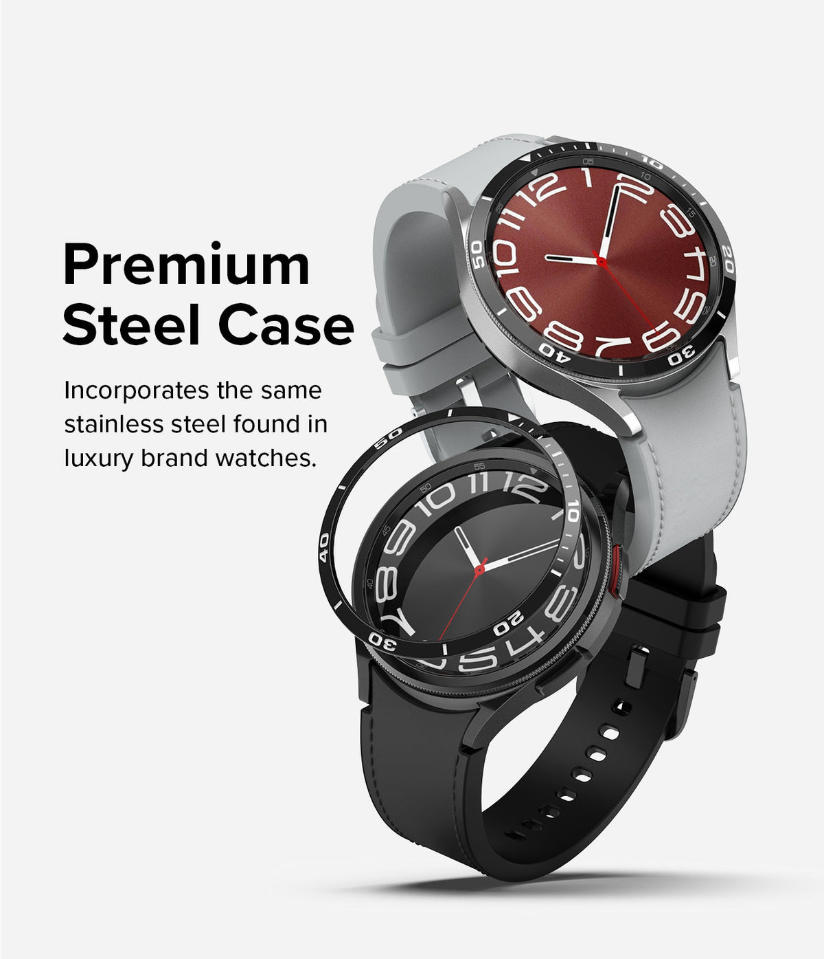 Galaxy Watch 6 Classic 43mm | Bezel Styling - Two smartwatches with stainless steel bezels and silicone bands.