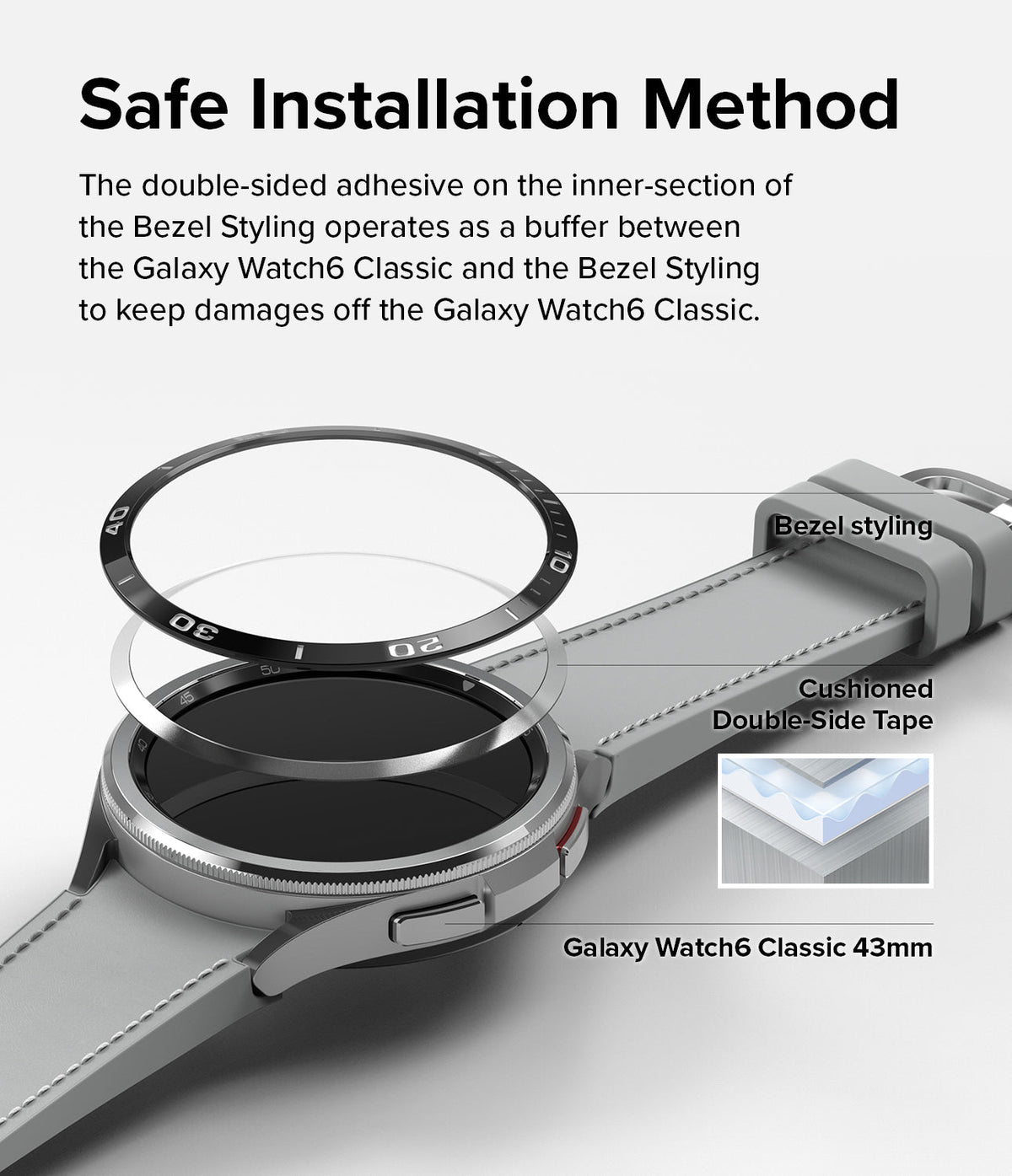 Galaxy Watch 6 Classic 43mm | Bezel Styling - Galaxy Watch 6 Classic 43mm | Bezel styling ring hovering above watch face with adhesive layer shown in detail.