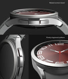 Galaxy Watch 6 Classic 43mm | Bezel Styling - Galaxy Watch 6 Classic 43mm - Close-up of silver watch showing raised bezel, tailored button cutouts, and engraved pattern.