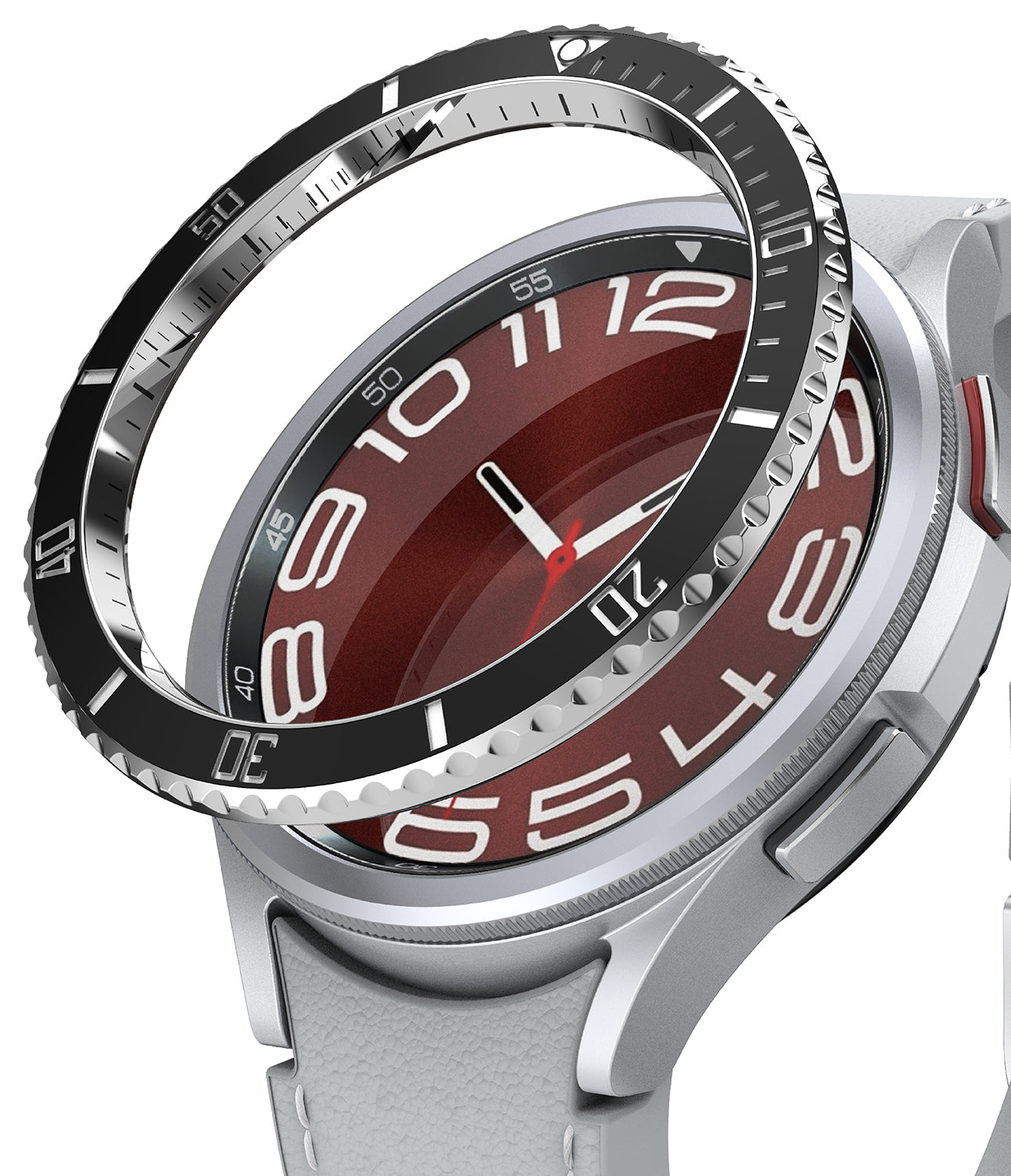 Galaxy Watch 6 Classic 43mm | Premium Bezel Styling - A black metal bezel ring hovering above a silver smartwatch face.