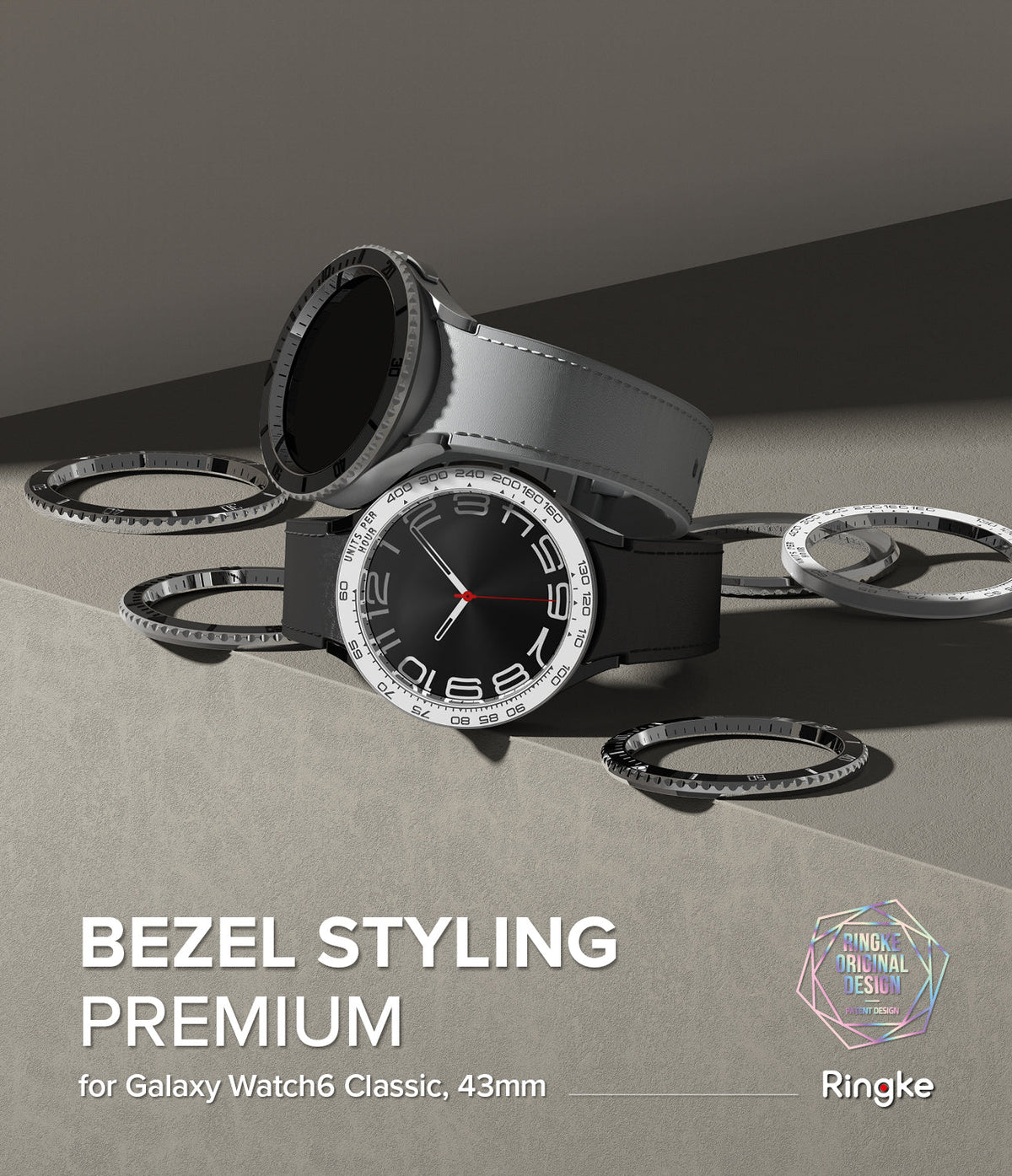 Galaxy Watch 6 Classic 43mm | Premium Bezel Styling - Two smartwatches with metallic bezel covers surrounded by loose rings.