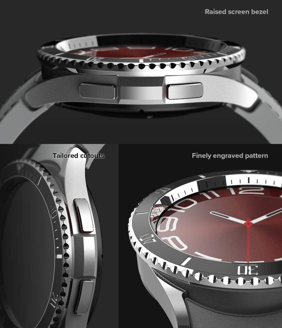 Galaxy Watch 6 Classic 43mm | Premium Bezel Styling - Galaxy Watch 6 Classic 43mm - Close-up of watch bezel showing raised edges, tailored cutouts, and engraved patterns.