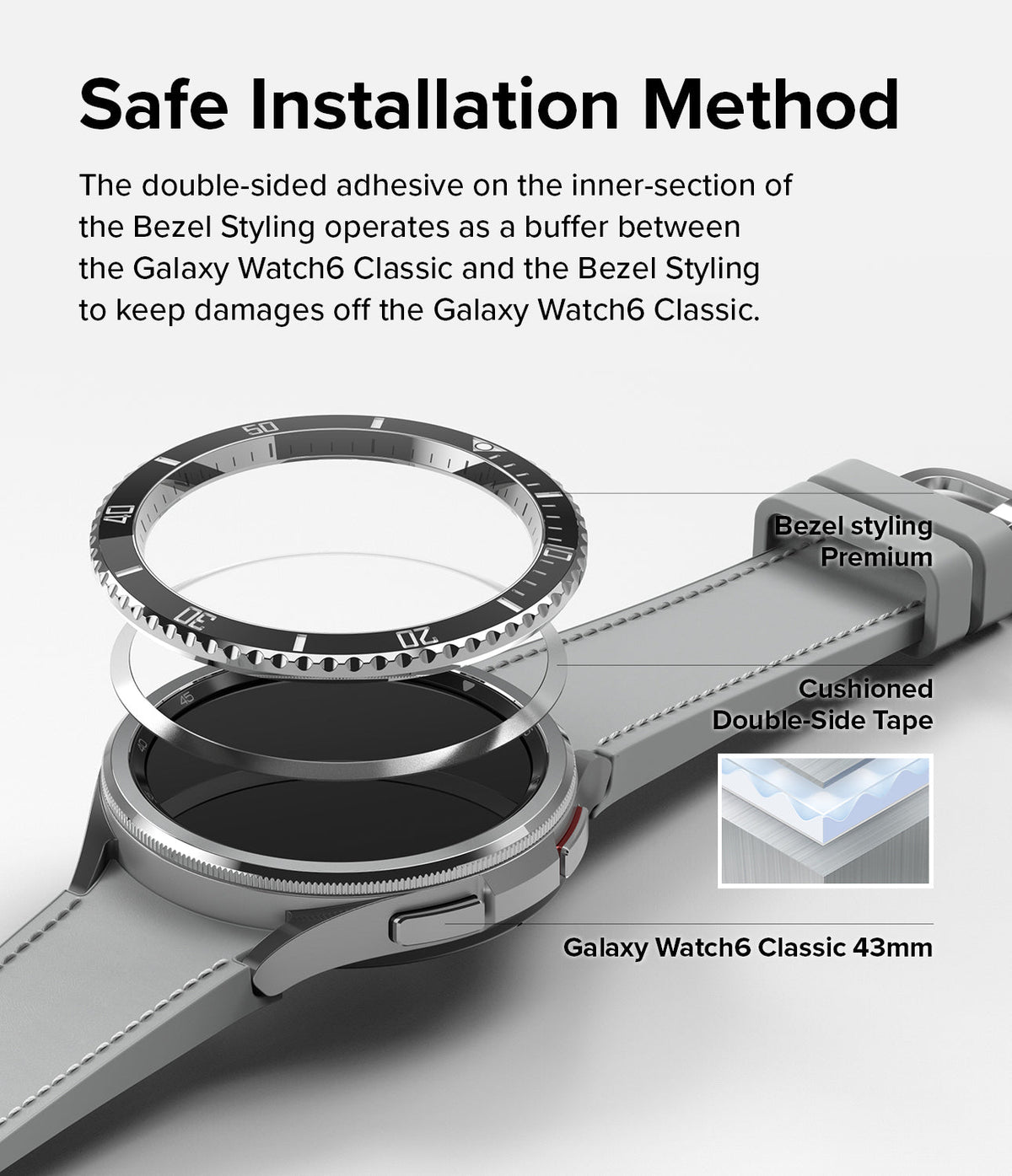 Galaxy Watch 6 Classic 43mm | Premium Bezel Styling - Exploded view showing bezel, adhesive layer, and watch body.