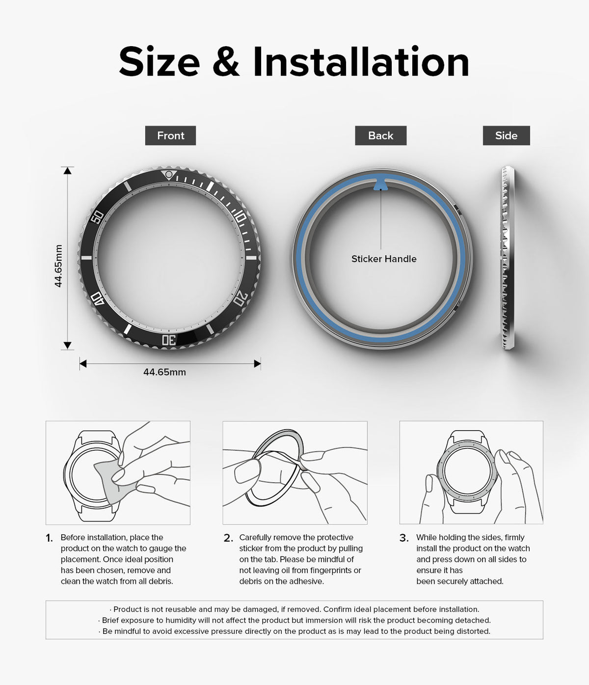 Galaxy Watch 6 Classic 43mm | Premium Bezel Styling - Installation guide showing bezel dimensions and three-step process.