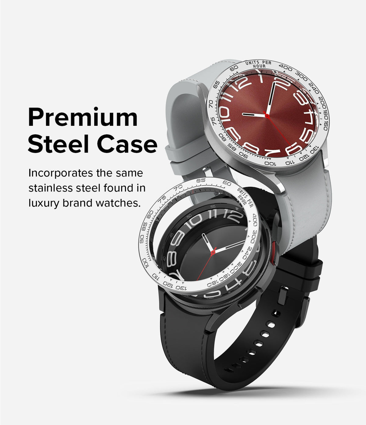 Galaxy Watch 6 Classic 43mm | Premium Bezel Styling - Two Galaxy Watch 6 Classic models with stainless steel bezels.