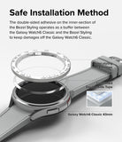 Galaxy Watch 6 Classic 43mm | Premium Bezel Styling - Exploded view of a watch bezel, adhesive ring, and smartwatch.