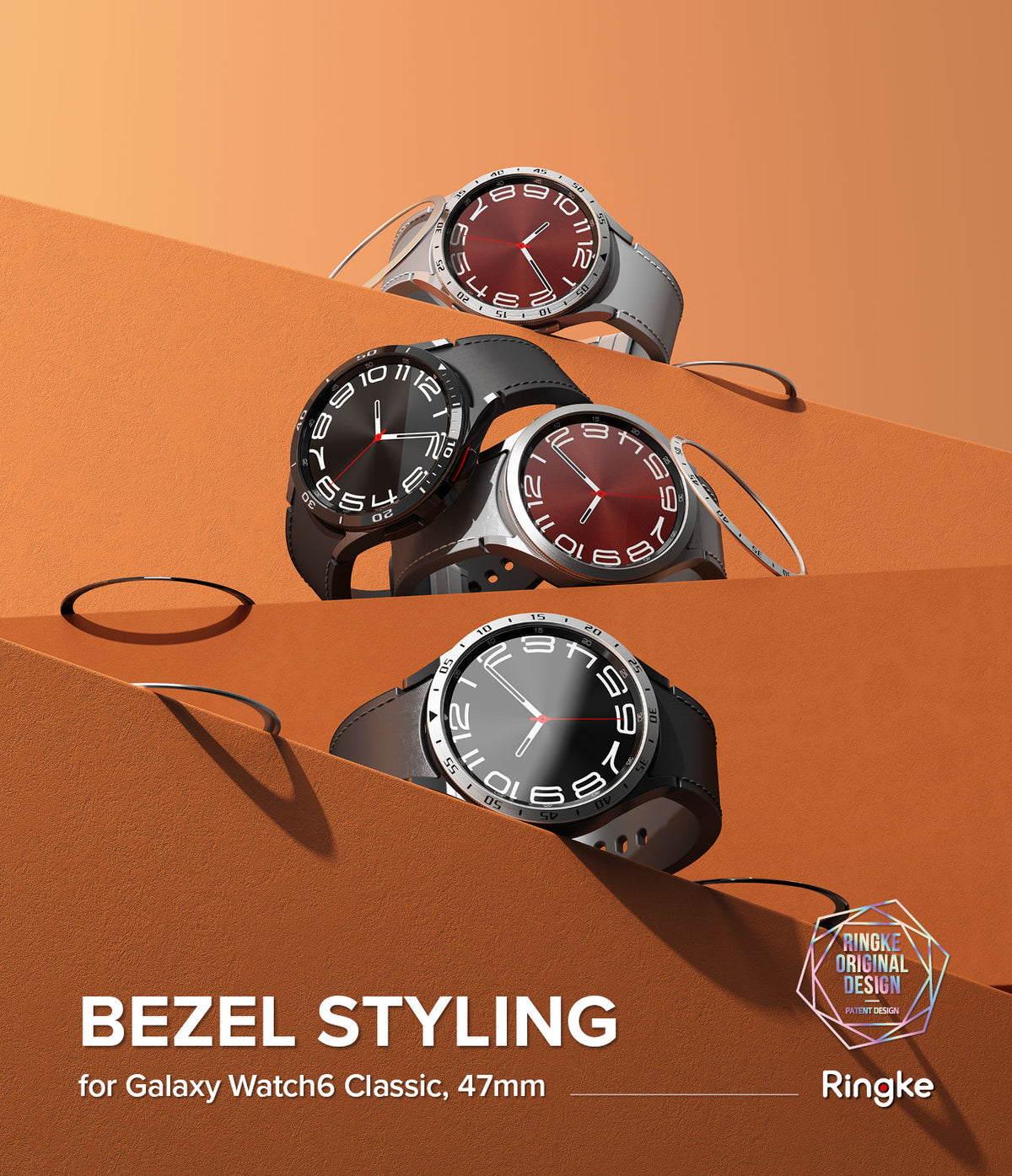 Galaxy Watch 6 Classic 47mm | Bezel Styling - Three Galaxy Watch 6 Classic 47mm watches with various bezel styling rings.