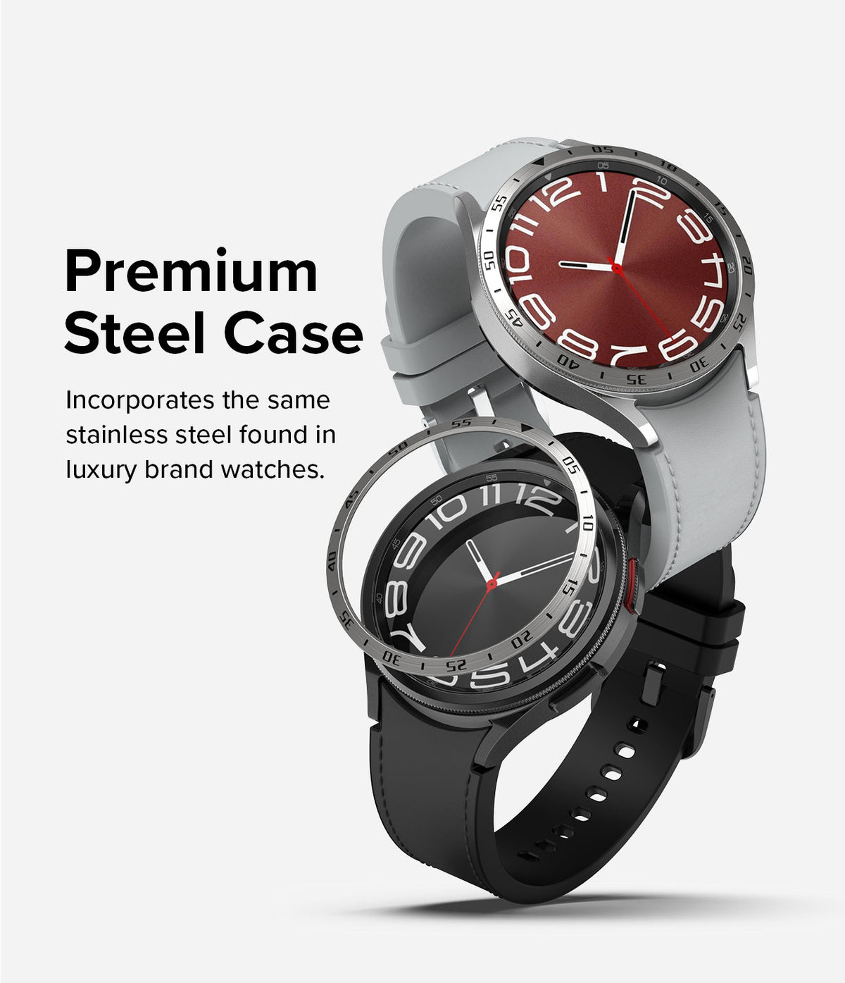 Galaxy Watch 6 Classic 47mm | Bezel Styling - Two Galaxy Watch 6 Classic watches with stainless steel bezels and bands.