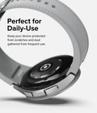 Galaxy Watch 6 Classic 47mm | Bezel Styling - Side view of a silver smartwatch with a light grey band and text overlay.