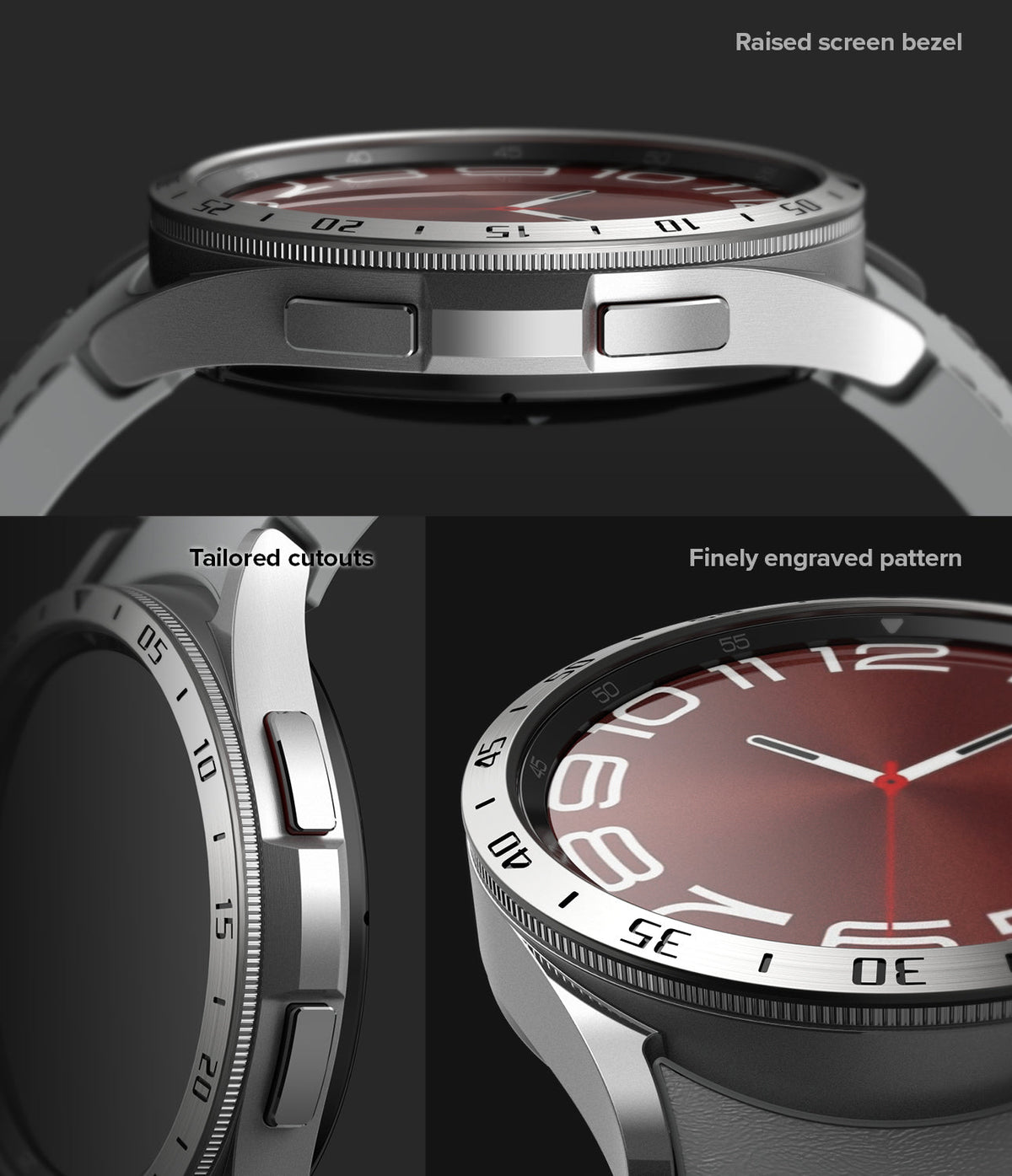 Galaxy Watch 6 Classic 47mm | Bezel Styling - Galaxy Watch 6 Classic 47mm - Close-up views of the watch's raised bezel, tailored button cutouts, and engraved markings.
