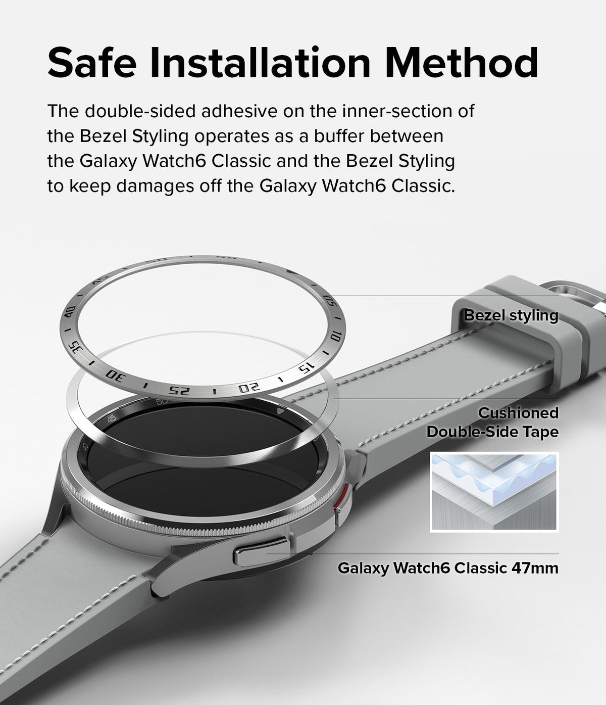 Galaxy Watch 6 Classic 47mm | Bezel Styling - Exploded view showing bezel ring, adhesive layer, and watch face.