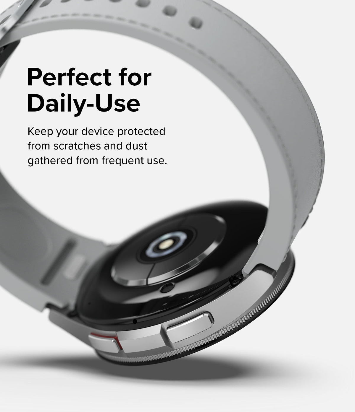 Galaxy Watch 6 Classic 47mm | Bezel Styling - Close-up of the watch back and side buttons with text about daily protection.