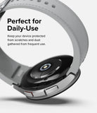 Galaxy Watch 6 Classic 47mm | Bezel Styling - Close-up of the watch back and side buttons with text about daily protection.