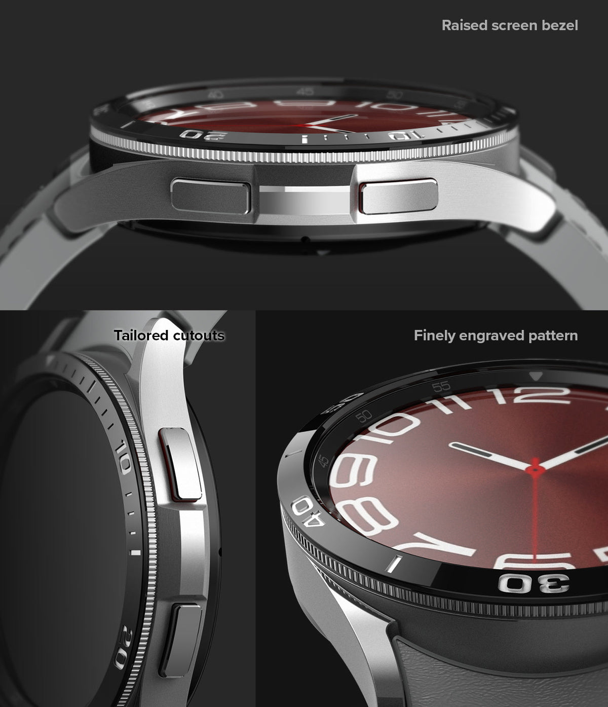 Galaxy Watch 6 Classic 47mm | Bezel Styling - Close-up views of the watch's raised bezel, side buttons, and engraved pattern.