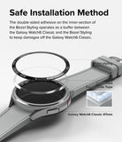 Galaxy Watch 6 Classic 47mm | Bezel Styling - Exploded view showing bezel ring, adhesive layer, and watch face assembly.