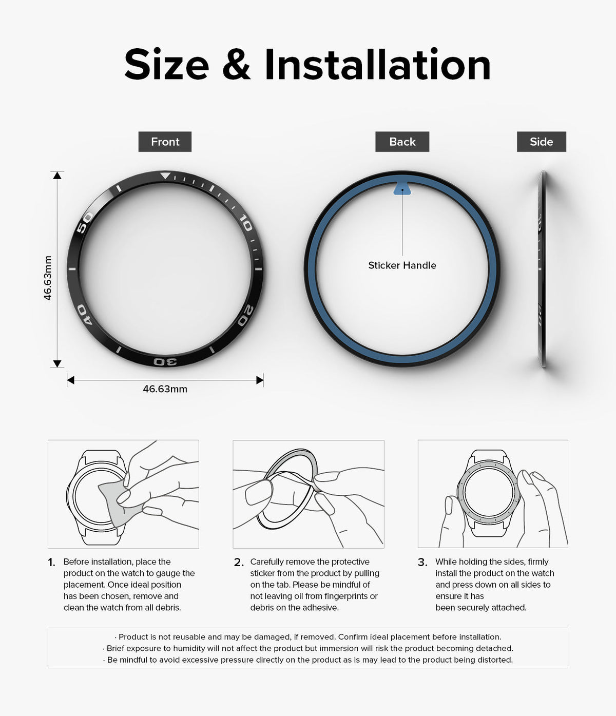 Galaxy Watch 6 Classic 47mm | Bezel Styling - Diagram showing dimensions and three-step installation of a watch bezel.