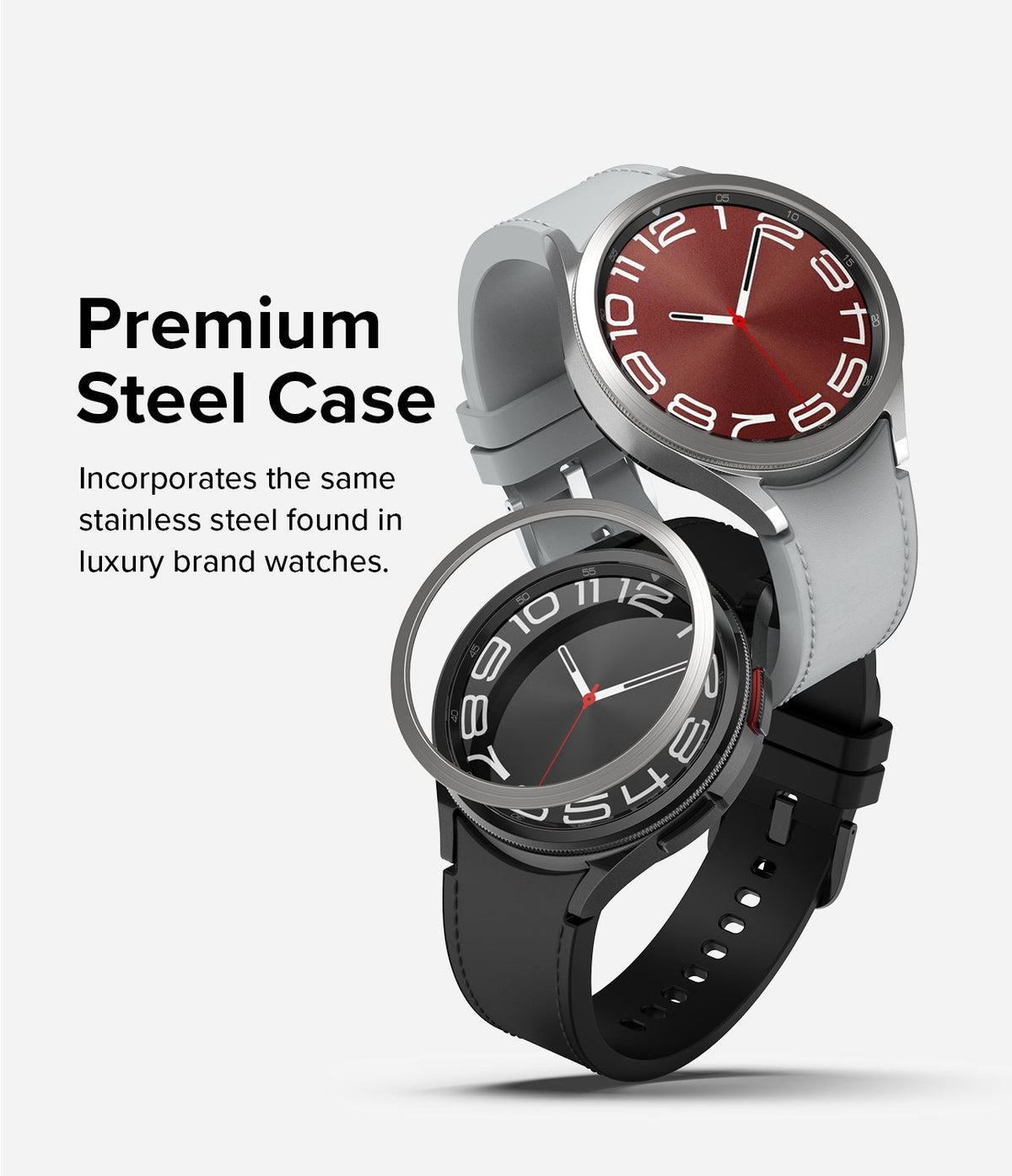 Galaxy Watch 6 Classic 47mm | Bezel Styling - Two Galaxy Watch 6 Classic models with stainless steel bezels and bands.