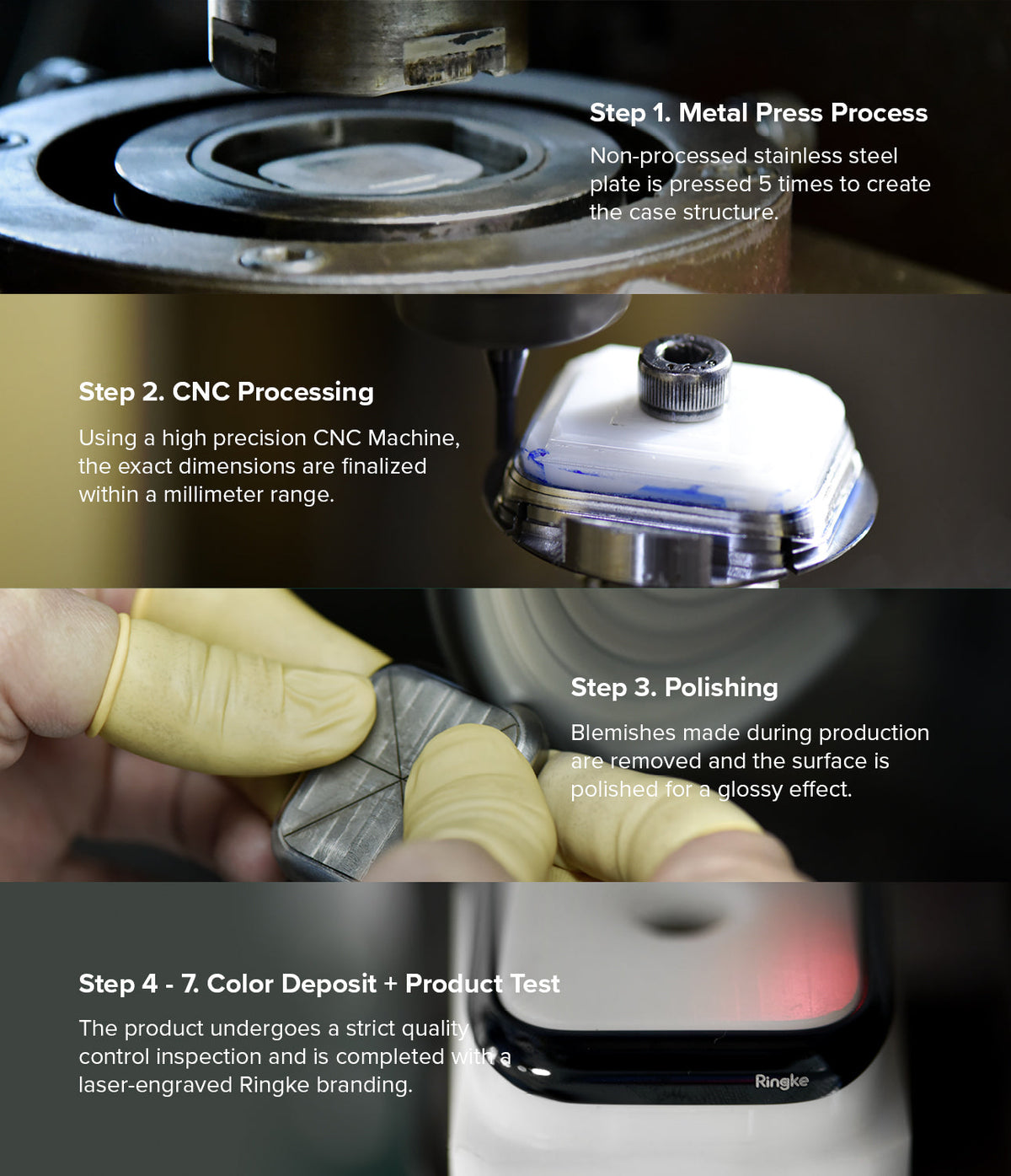 Galaxy Watch 6 Classic 47mm | Bezel Styling - Galaxy Watch 6 Classic 47mm | Four-step manufacturing process showing metal pressing, CNC machining, polishing, and testing.