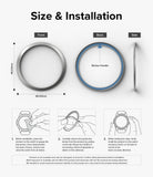 Forerunner 955 | Bezel Styling - Diagrams showing dimensions, adhesive backing, and three-step installation guide for a watch bezel.