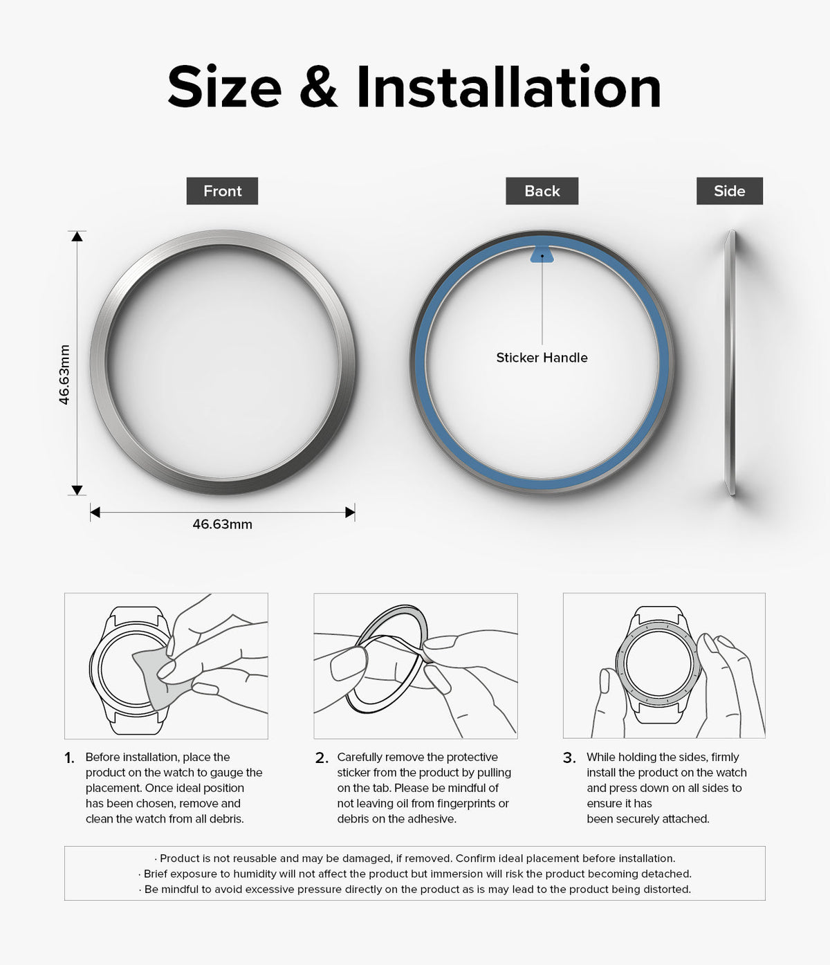 Galaxy Watch 6 Classic 47mm | Bezel Styling - Galaxy Watch 6 Classic 47mm | Bezel styling dimensions and three-step installation guide with diagrams.