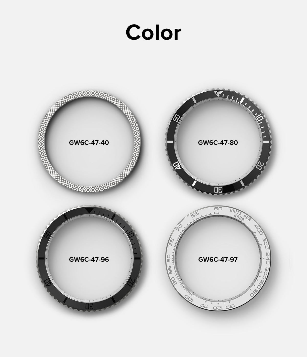 Galaxy Watch 6 Classic 47mm | Premium Bezel Styling - Four distinct circular watch bezel designs labeled with model codes.