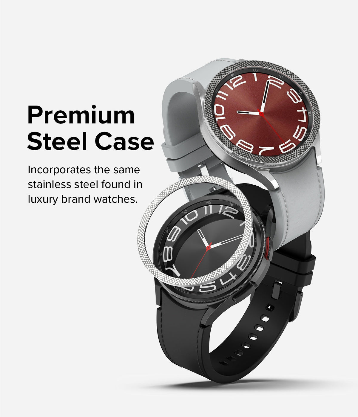 Galaxy Watch 6 Classic 47mm | Premium Bezel Styling - Galaxy Watch 6 Classic 47mm - Two stainless steel smartwatches with textured bezels, one silver and one black.
