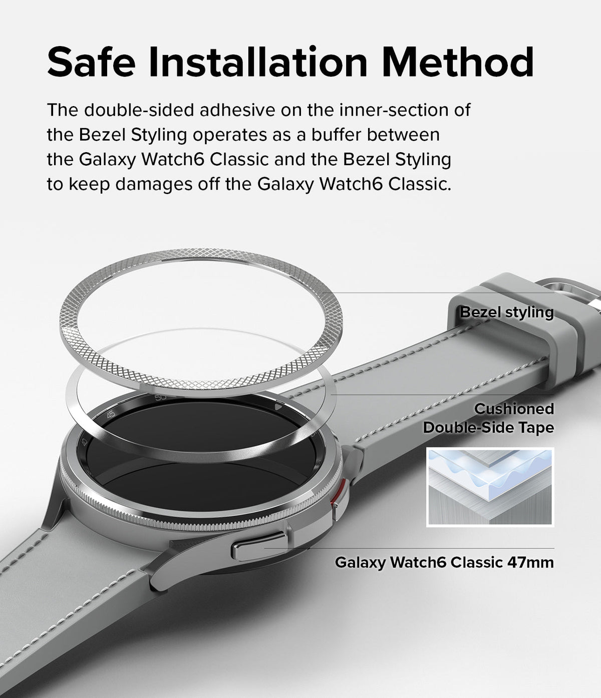 Galaxy Watch 6 Classic 47mm | Premium Bezel Styling - Galaxy Watch 6 Classic 47mm - Exploded view showing bezel styling, adhesive tape, and watch body for safe installation.