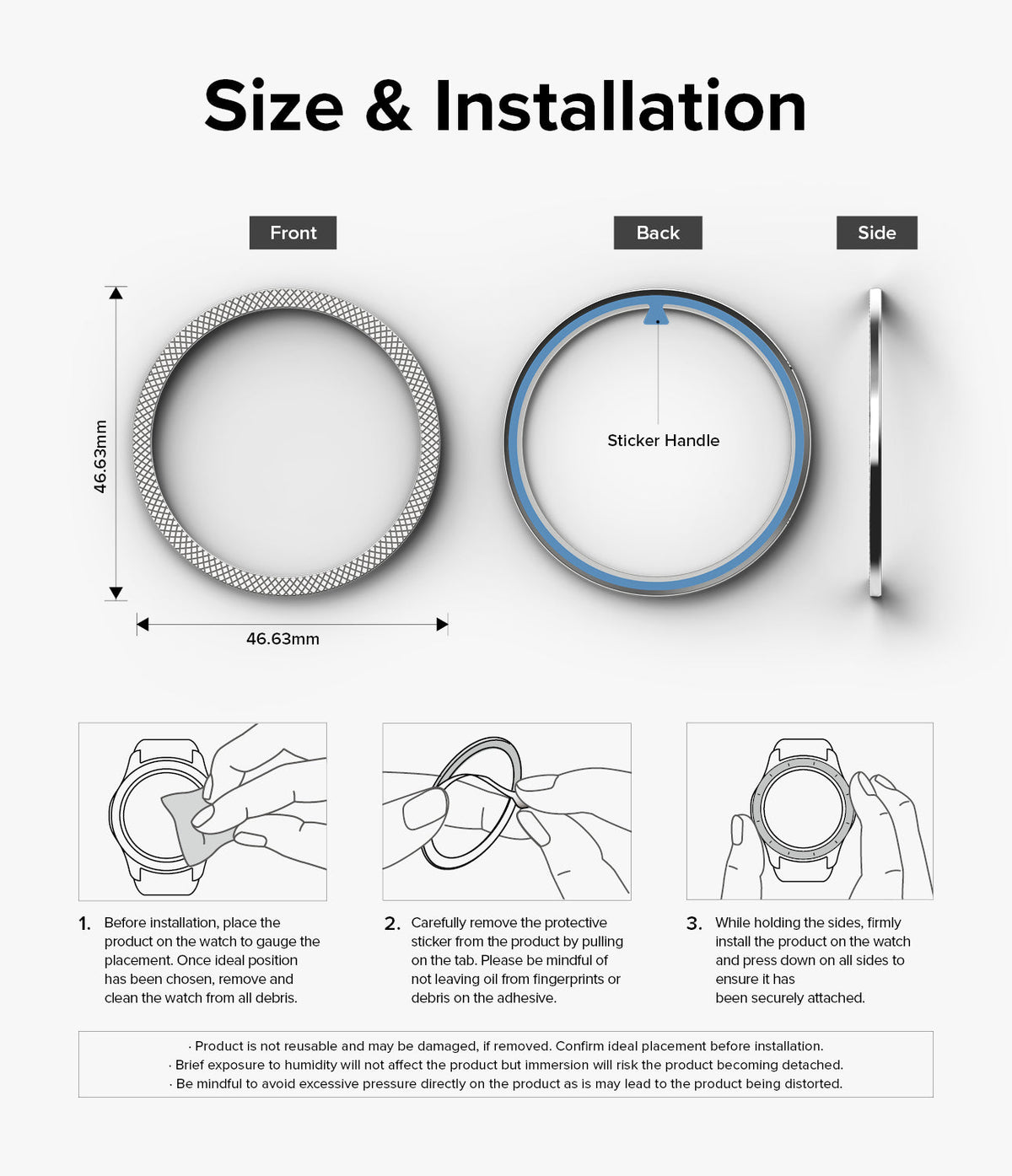 Galaxy Watch 6 Classic 47mm | Premium Bezel Styling - Diagrams showing bezel dimensions and three-step installation guide.