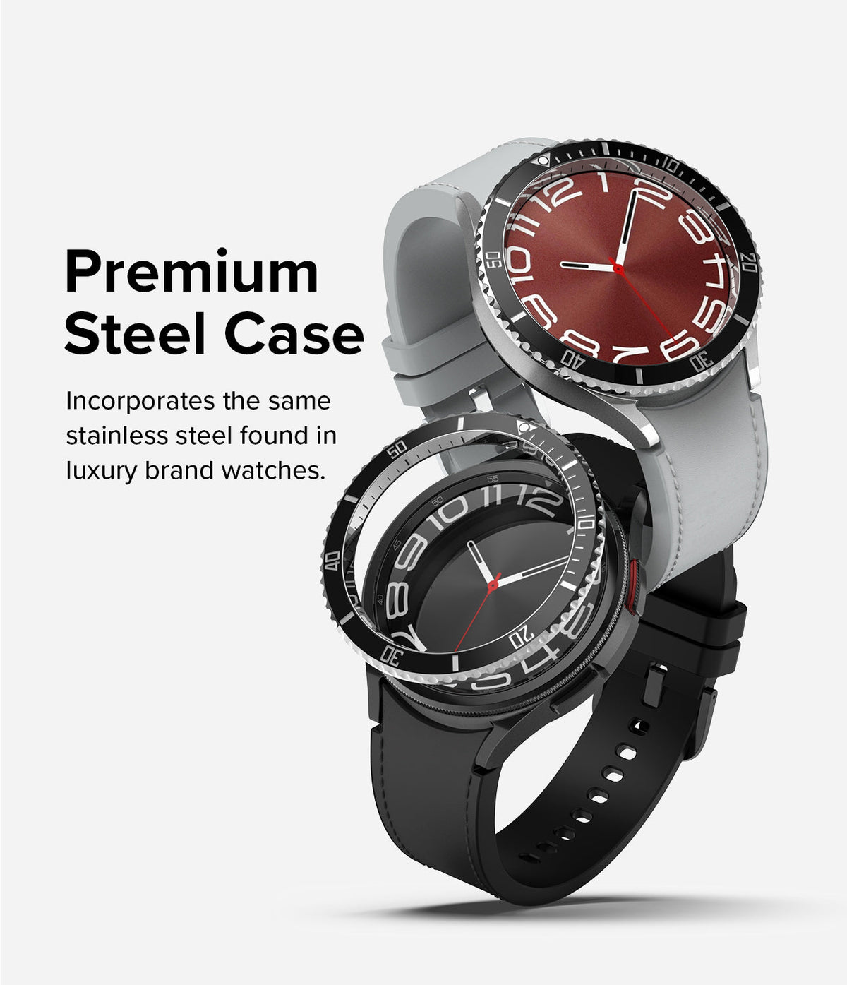 Galaxy Watch 6 Classic 47mm | Premium Bezel Styling - Galaxy Watch 6 Classic 47mm - Two stainless steel smartwatches with rotating bezels, one with a red face and one black.