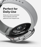 Galaxy Watch 6 Classic 47mm | Premium Bezel Styling - Close-up of the watch back and silver bezel with text overlay.