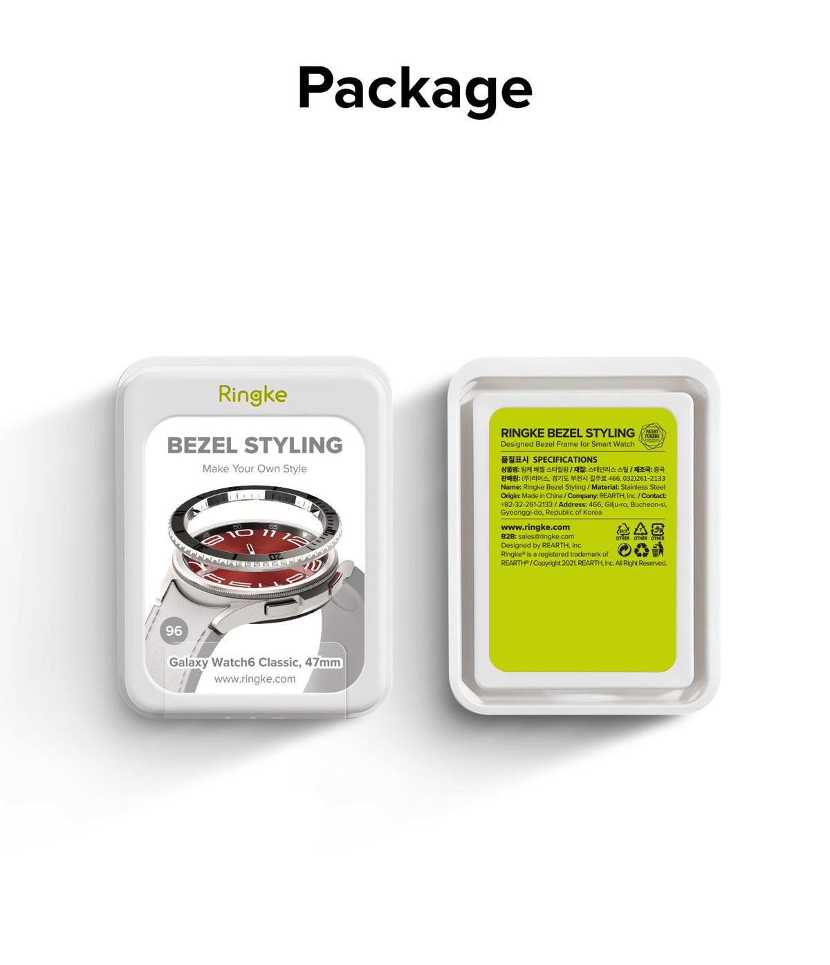 Galaxy Watch 6 Classic 47mm | Premium Bezel Styling - Front and back view of Ringke bezel styling product packaging.