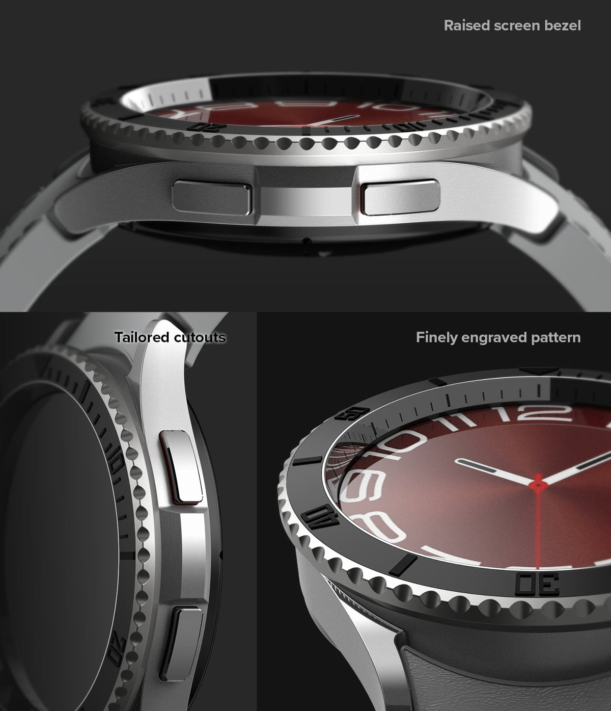 Galaxy Watch 6 Classic 47mm | Premium Bezel Styling - Galaxy Watch 6 Classic 47mm - Close-up views of the watch's raised bezel, tailored side cutouts, and engraved pattern.