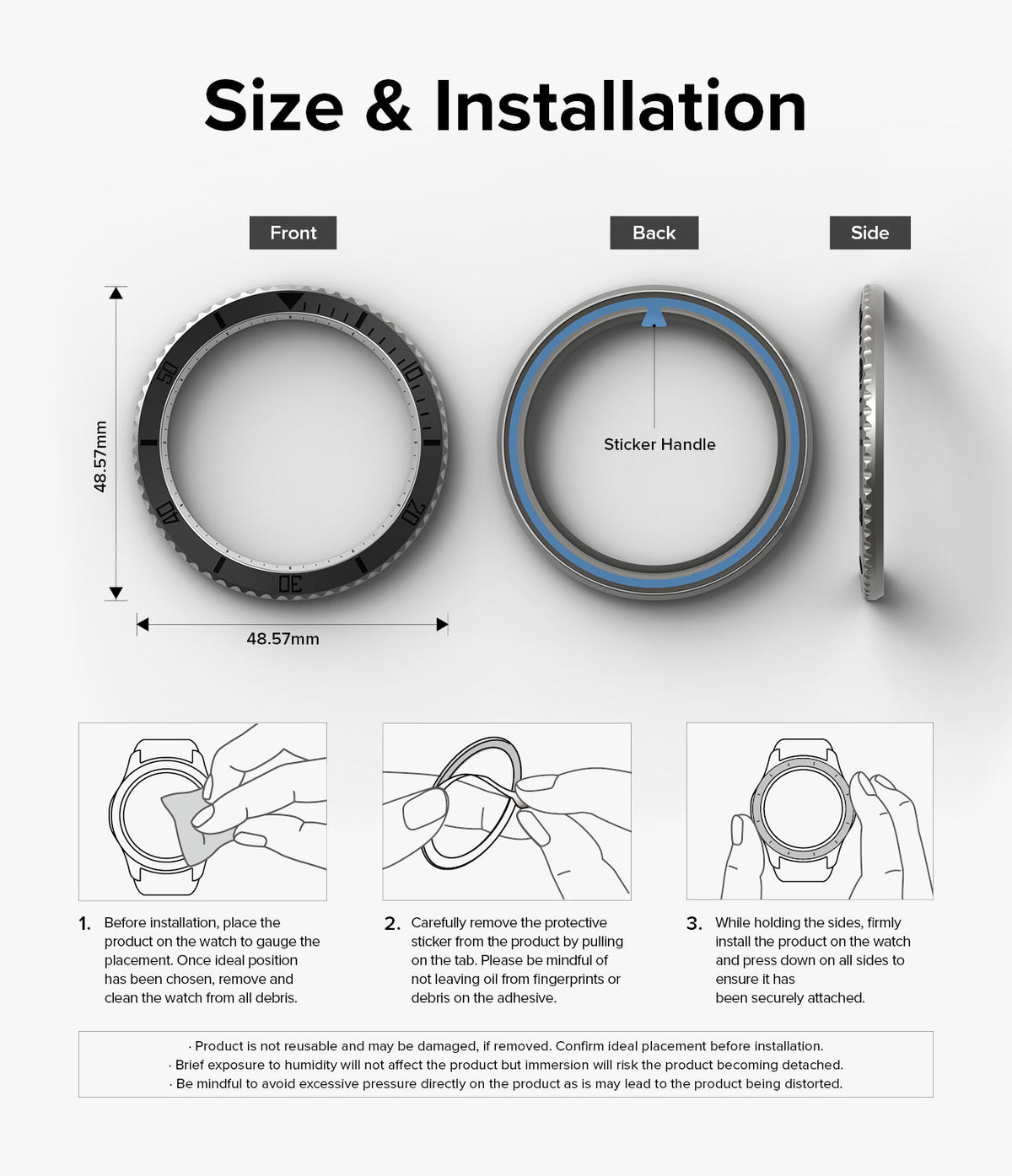 Galaxy Watch 6 Classic 47mm | Premium Bezel Styling - Galaxy Watch 6 Classic 47mm - Diagram showing bezel dimensions, adhesive backing, and three-step installation instructions.