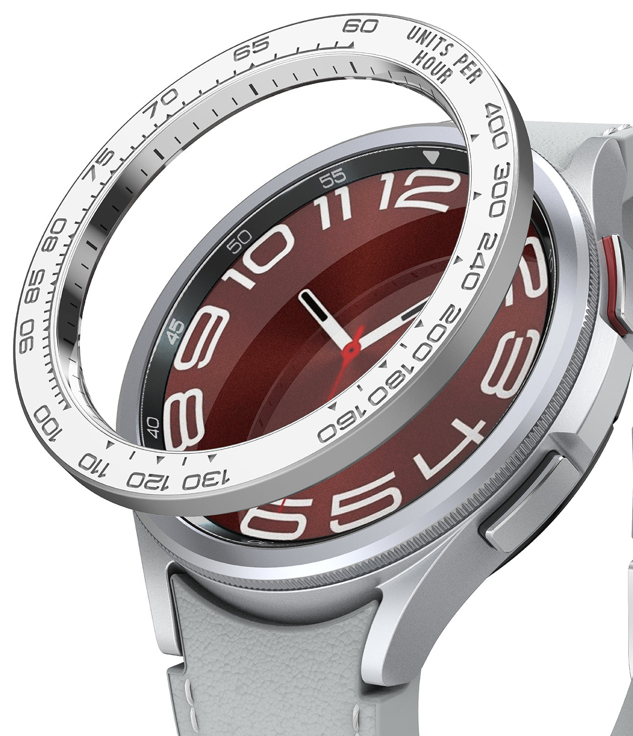 Galaxy Watch 6 Classic 47mm | Premium Bezel Styling - Galaxy Watch 6 Classic 47mm - A silver tachymeter bezel ring hovering above a smartwatch with a deep red dial.