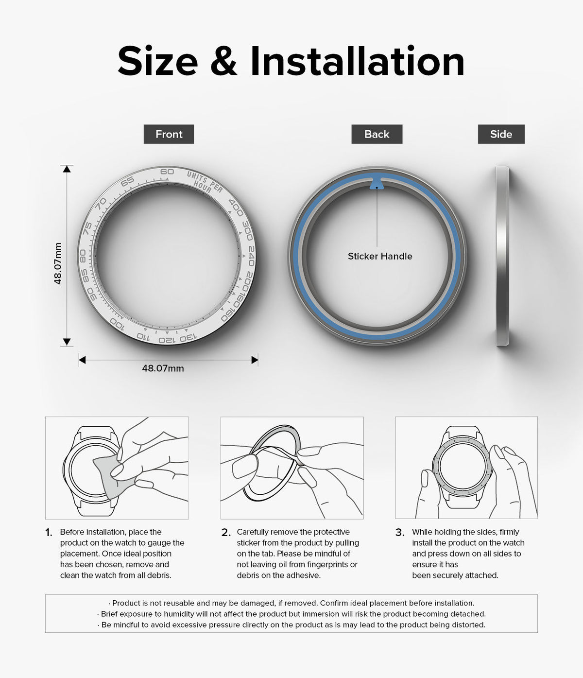 Galaxy Watch 6 Classic 47mm | Premium Bezel Styling - Technical diagram showing bezel dimensions and installation steps.