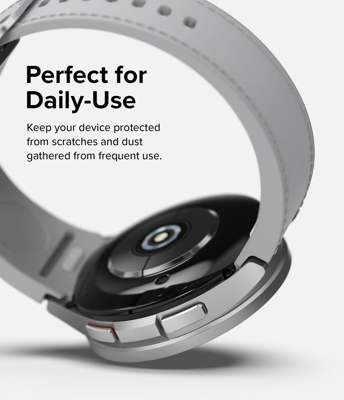 Galaxy Watch 6 Classic 47mm | Premium Bezel Styling - Close-up of silver smartwatch back and strap with protective text.