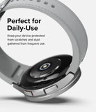 Galaxy Watch 6 Classic 47mm | Premium Bezel Styling - Close-up of silver smartwatch back and strap with protective text.