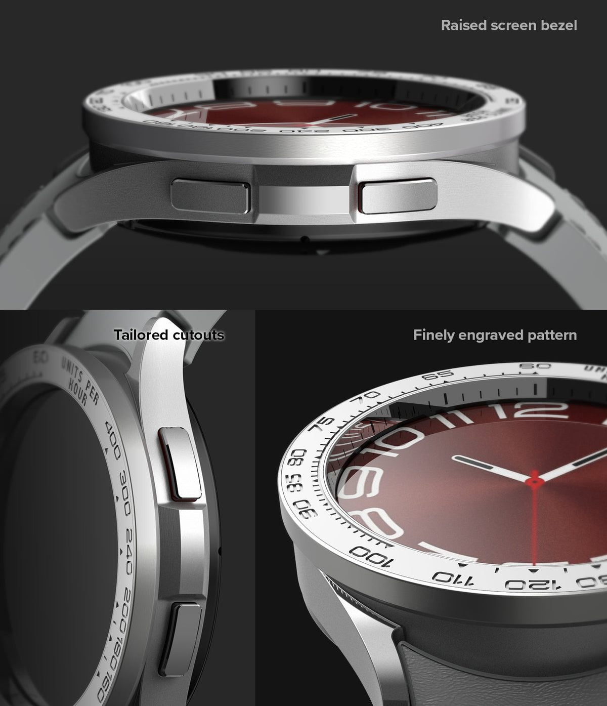Galaxy Watch 6 Classic 47mm | Premium Bezel Styling - Galaxy Watch 6 Classic 47mm - Close-up of silver watch bezel with engraved markings, side buttons, and red watch face.