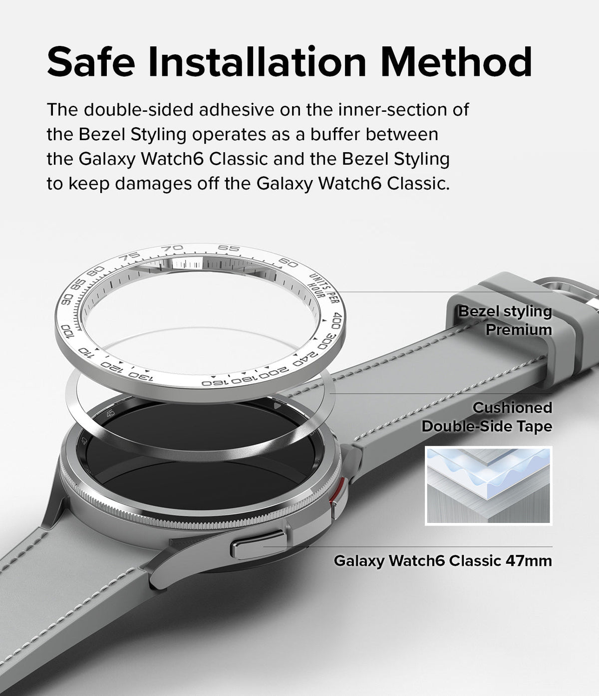 Galaxy Watch 6 Classic 47mm | Premium Bezel Styling - Exploded view showing bezel, adhesive ring, and watch body.