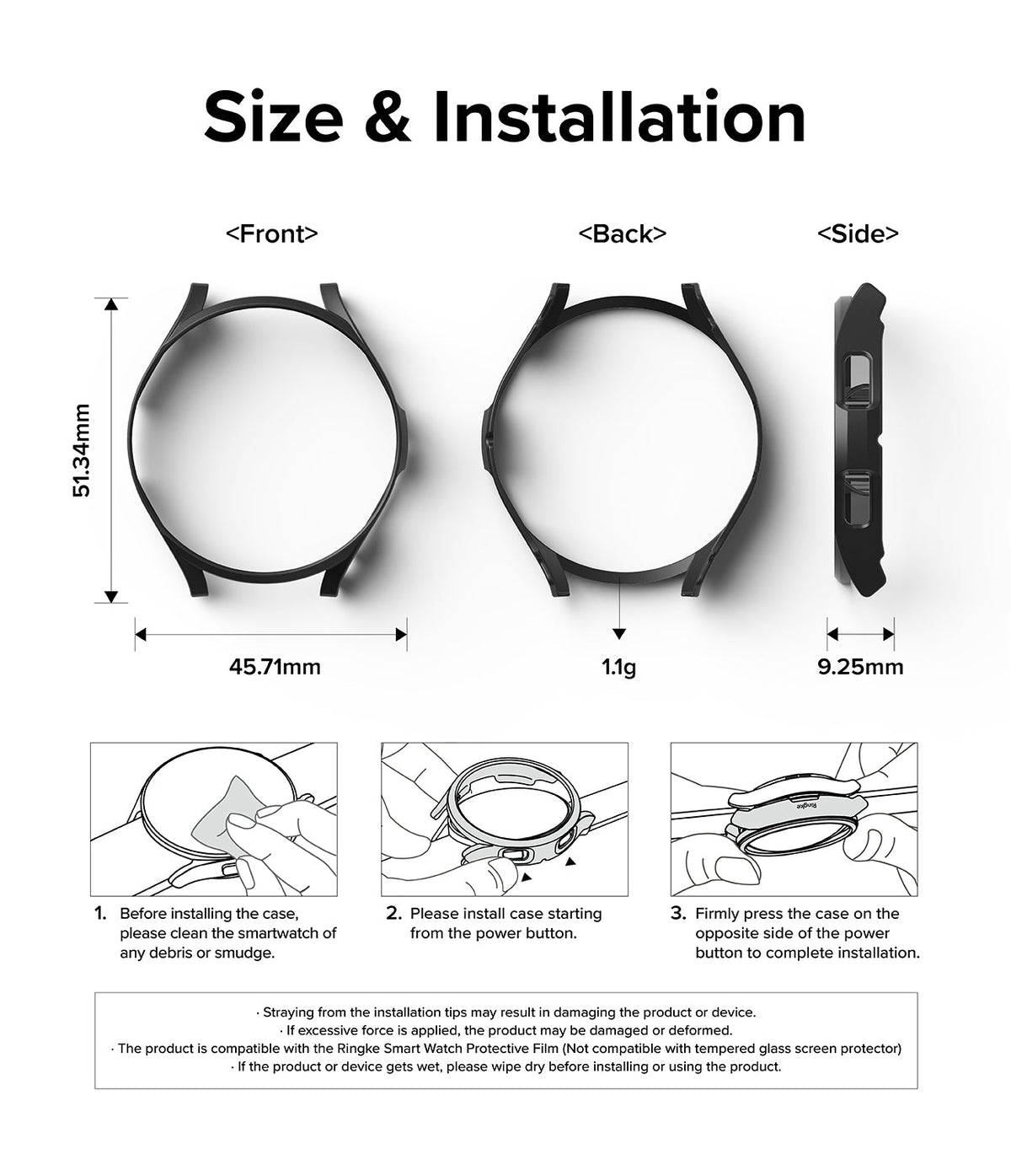 Galaxy Watch 6 Classic 43mm Case | Slim - Technical diagram showing dimensions, weight, and installation steps for the watch case.