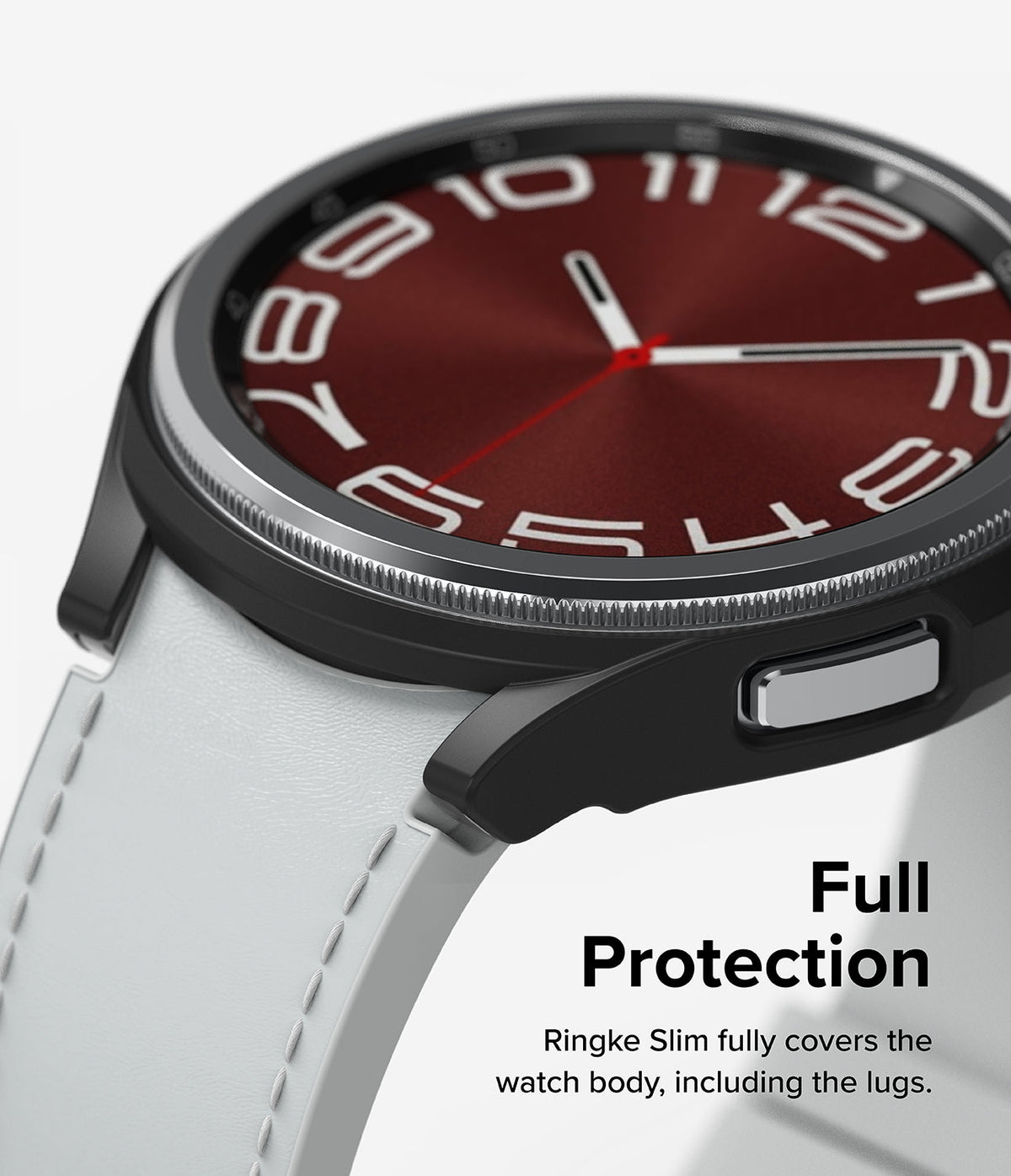 Galaxy Watch 6 Classic 43mm Case | Slim - Black protective case on a smartwatch with a white band and red watch face.