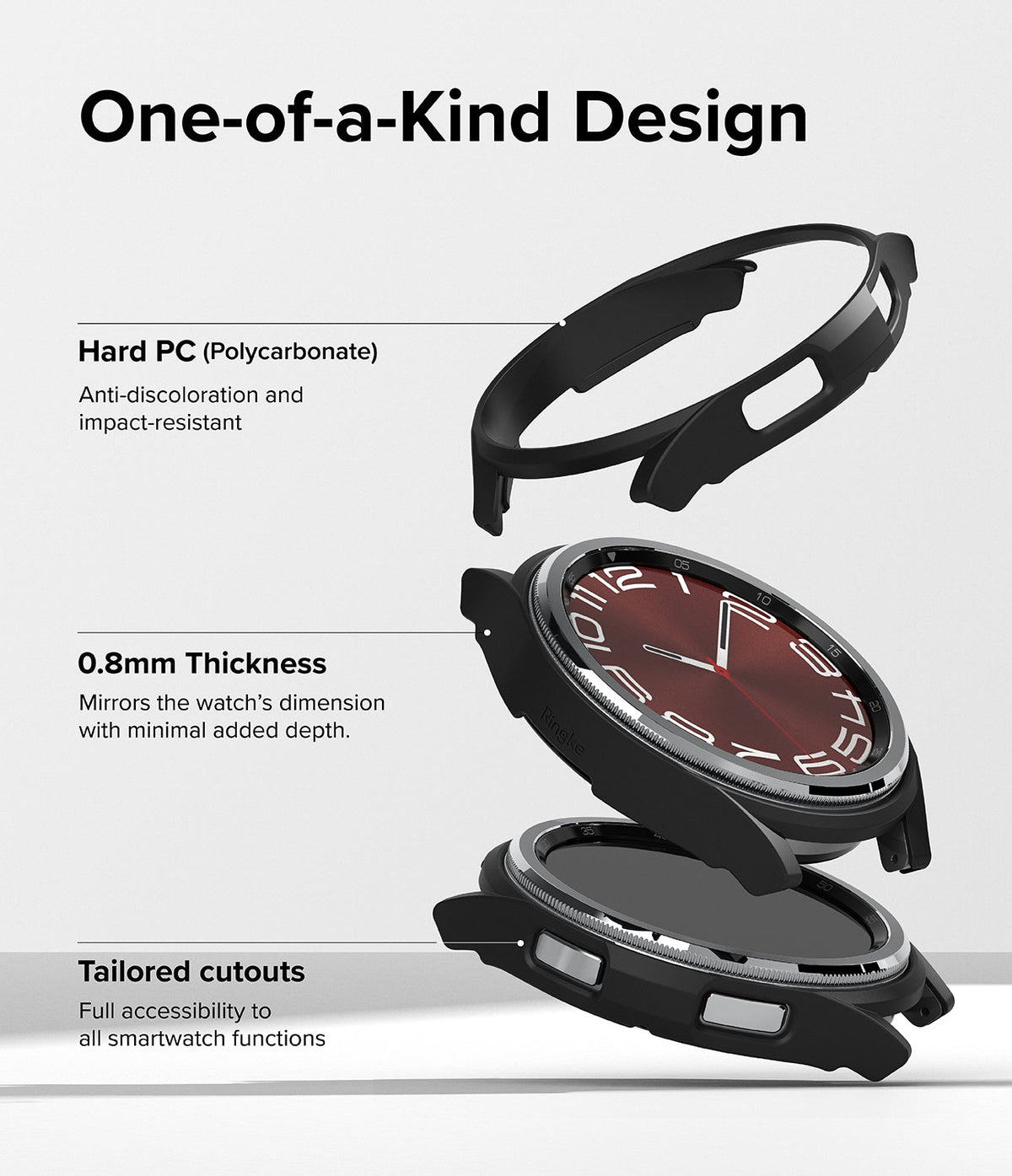 Galaxy Watch 6 Classic 43mm Case | Slim - Exploded view of a black watch case highlighting polycarbonate, thickness, and cutouts.