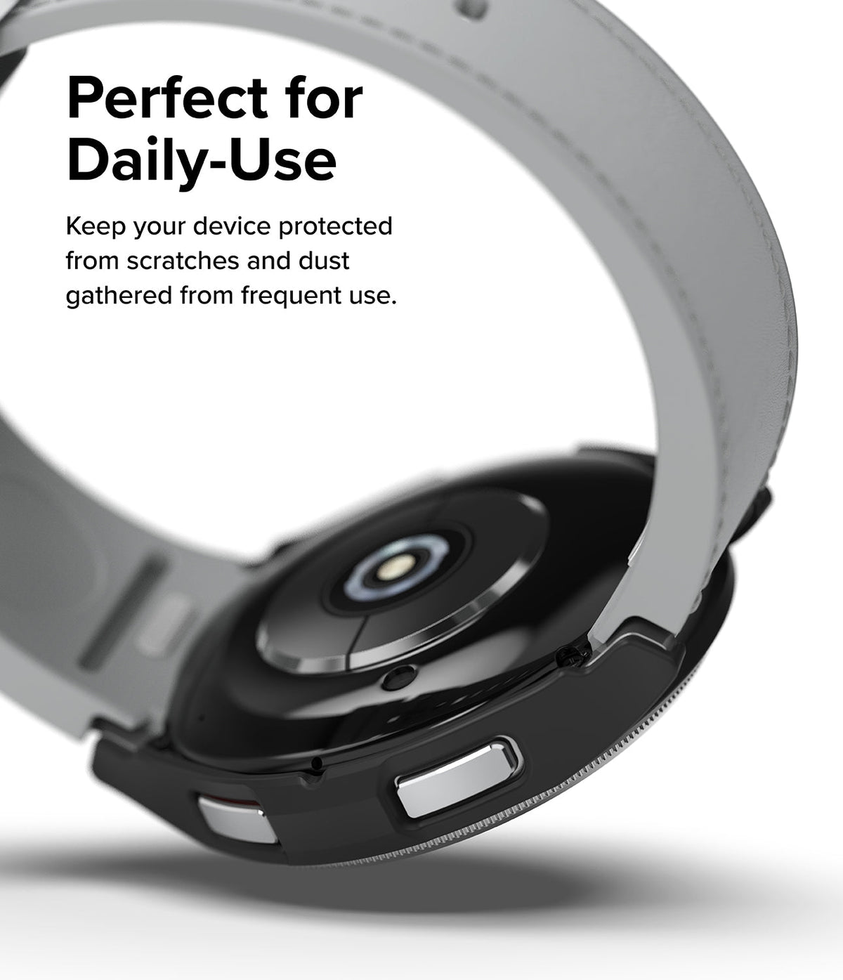 Galaxy Watch 6 Classic 43mm Case | Slim - Black protective case on a Galaxy Watch 6 with a light grey leather strap.