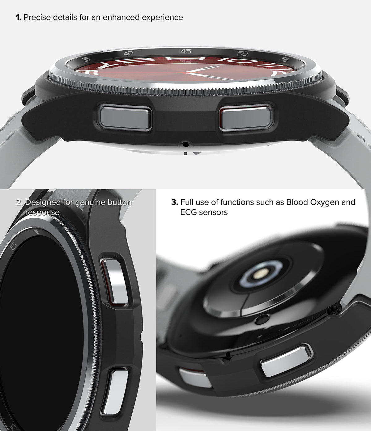 Galaxy Watch 6 Classic 43mm Case | Slim - Close-up views of a black watch case showing button access and sensor clearance.